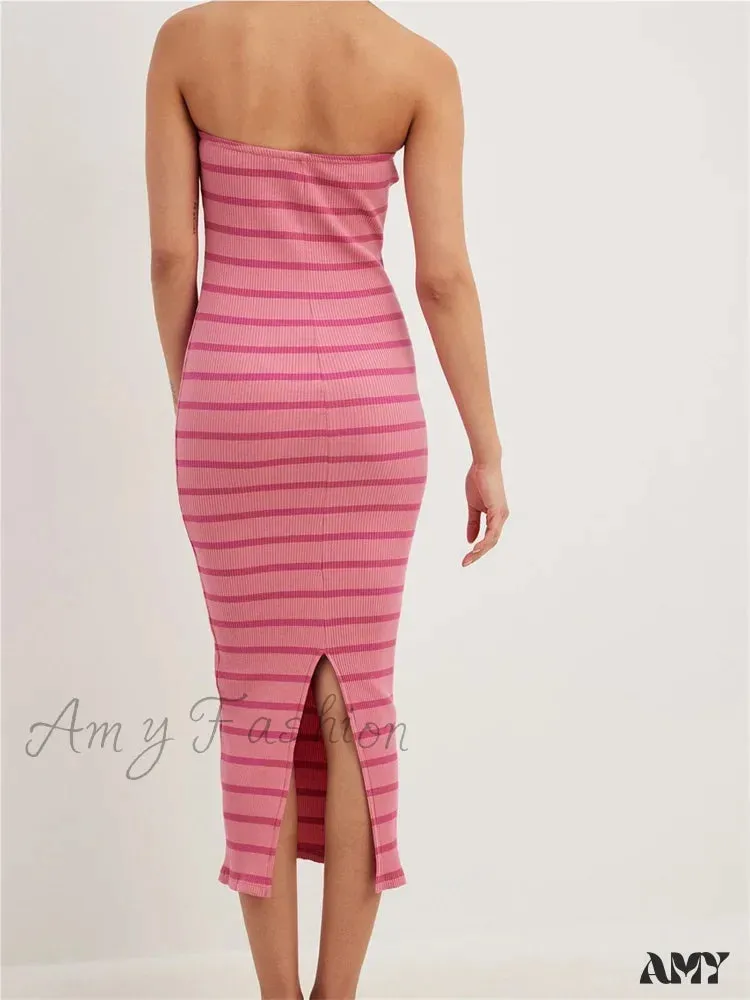 Amy Fashion - Women Bodycon  Striped Strapless Off Shoulder Backless Tube Summer Split Knitted Party Vestidos