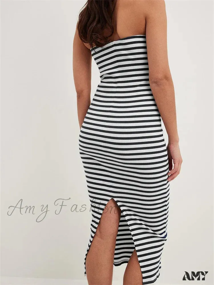 Amy Fashion - Women Bodycon  Striped Strapless Off Shoulder Backless Tube Summer Split Knitted Party Vestidos