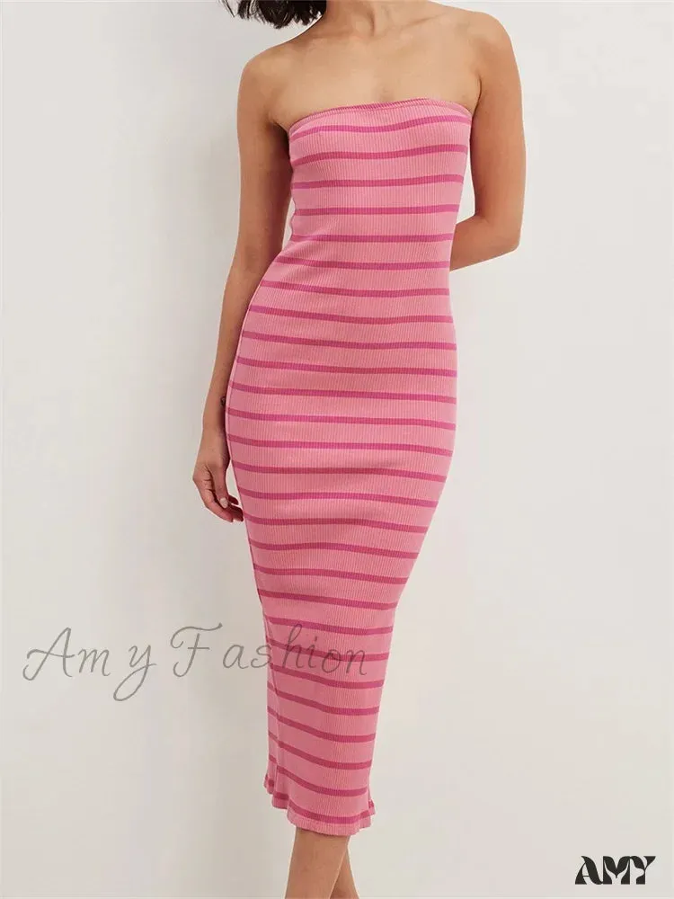 Amy Fashion - Women Bodycon  Striped Strapless Off Shoulder Backless Tube Summer Split Knitted Party Vestidos