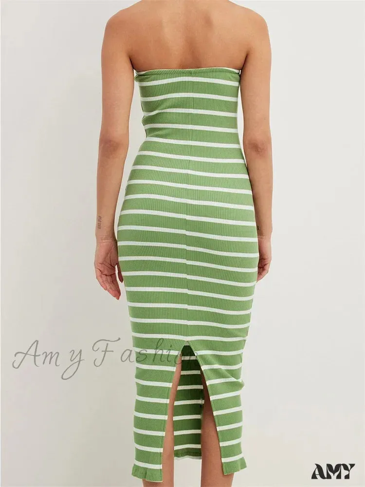 Amy Fashion - Women Bodycon  Striped Strapless Off Shoulder Backless Tube Summer Split Knitted Party Vestidos