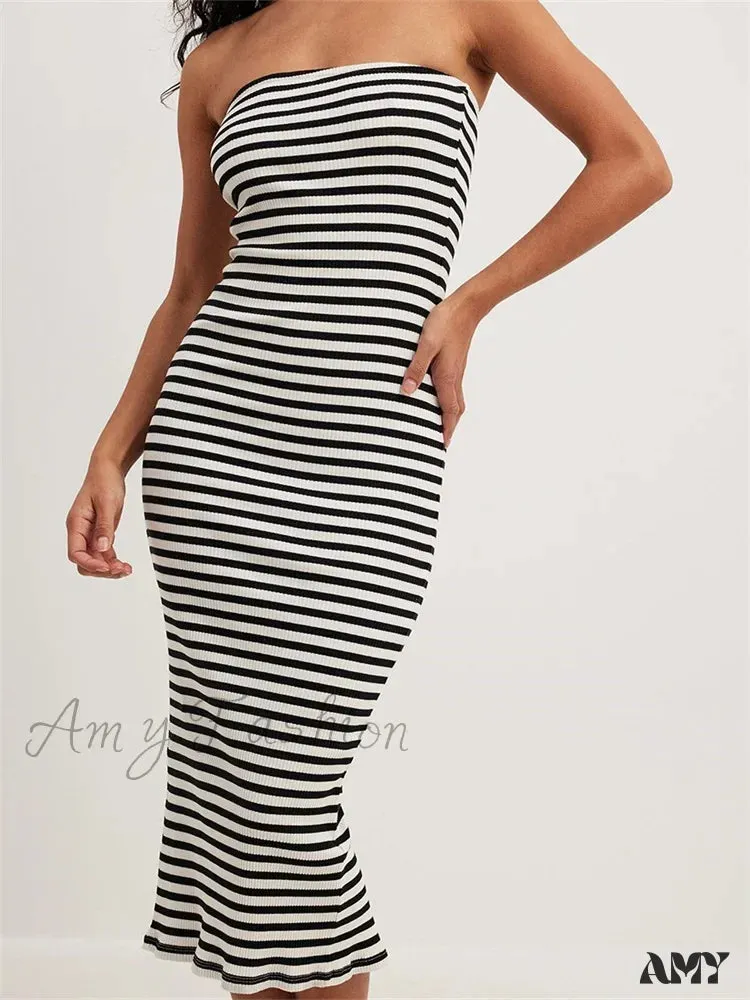 Amy Fashion - Women Bodycon  Striped Strapless Off Shoulder Backless Tube Summer Split Knitted Party Vestidos