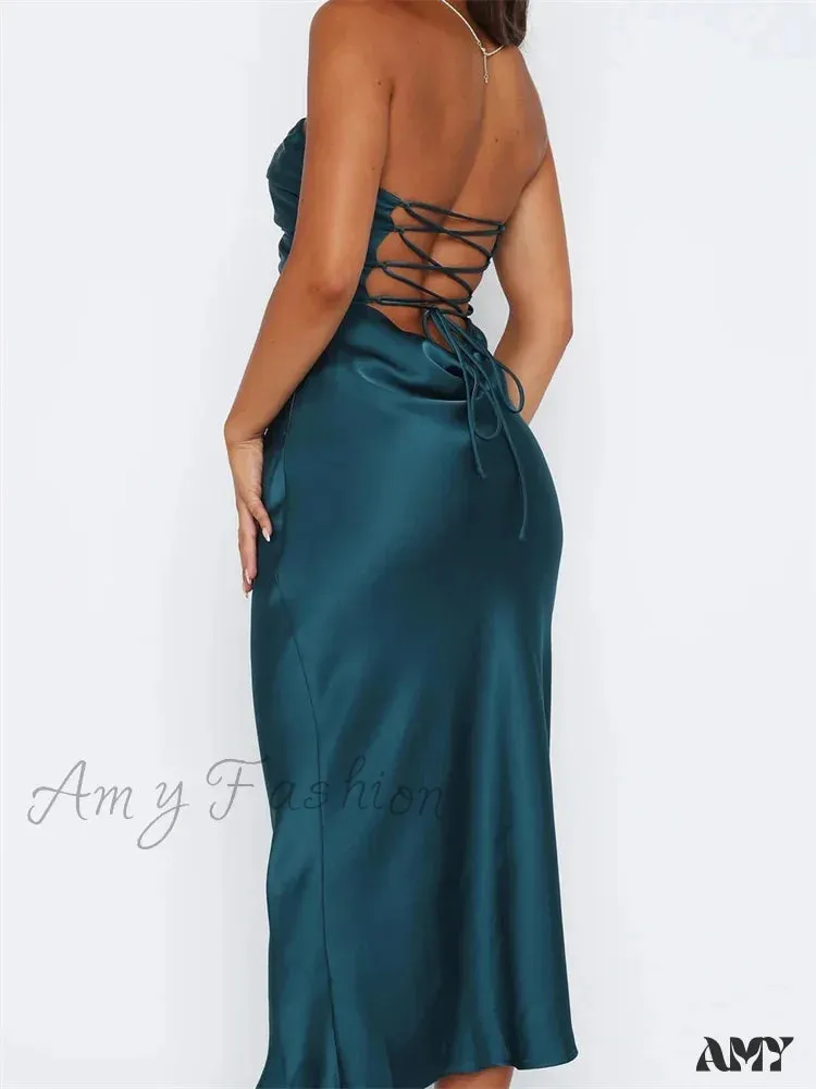 Amy Fashion - Women Sexy Strapless Backless  Low Cut Off Shoulder Tube Party Satin Female Vestidos Streetwear