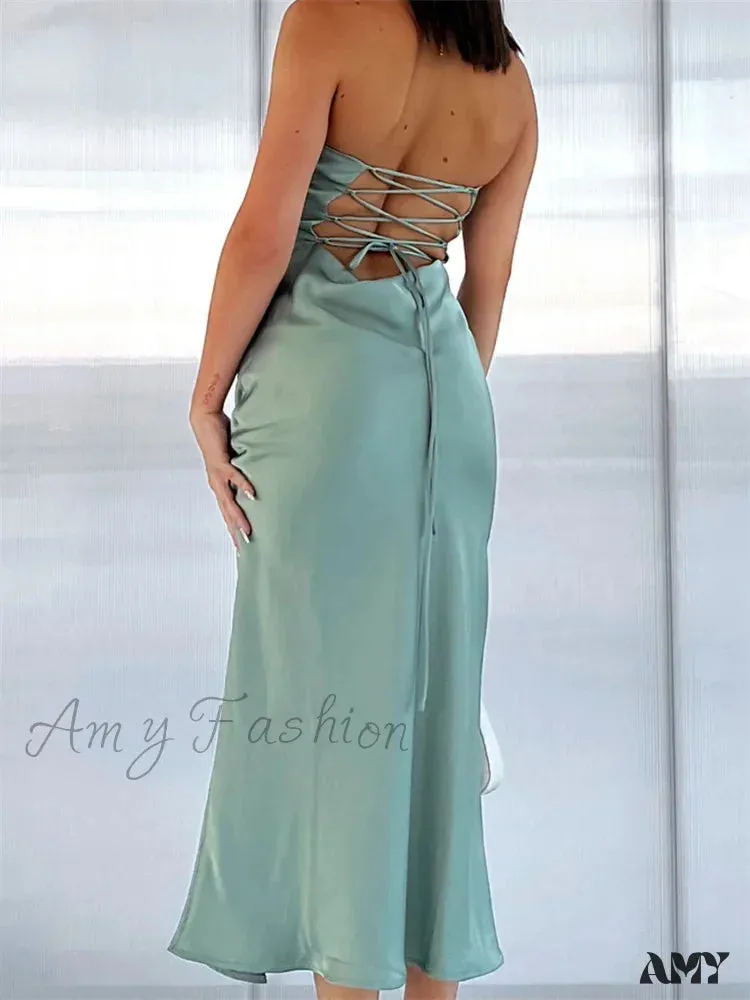 Amy Fashion - Women Sexy Strapless Backless  Low Cut Off Shoulder Tube Party Satin Female Vestidos Streetwear