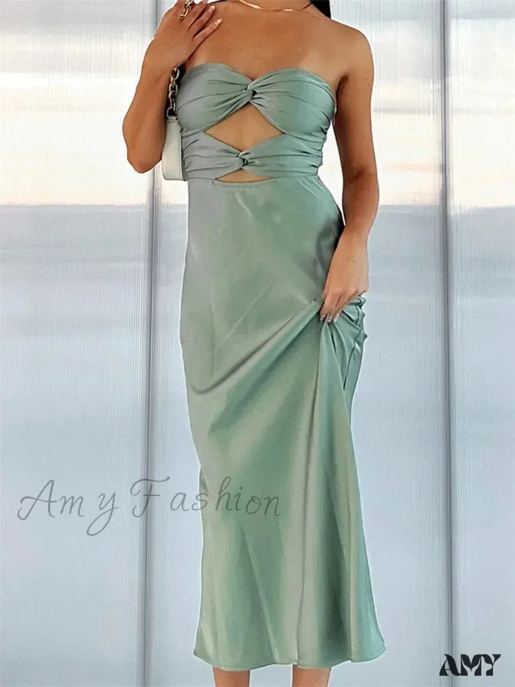 Amy Fashion - Women Sexy Strapless Backless  Low Cut Off Shoulder Tube Party Satin Female Vestidos Streetwear
