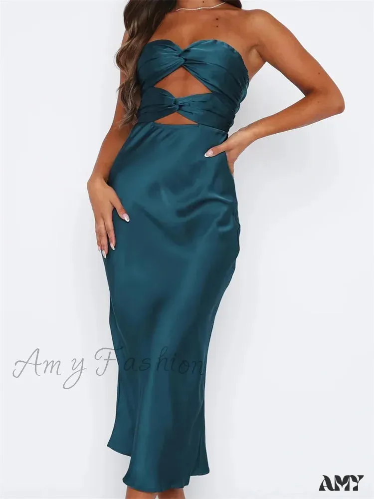 Amy Fashion - Women Sexy Strapless Backless  Low Cut Off Shoulder Tube Party Satin Female Vestidos Streetwear