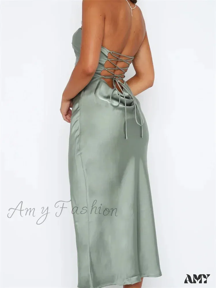 Amy Fashion - Women Sexy Strapless Backless  Low Cut Off Shoulder Tube Party Satin Female Vestidos Streetwear