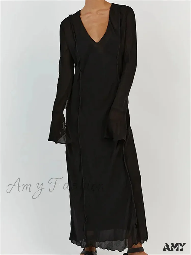 Amy Fashion - Women  Sleeve Loose Casual V Neck Mesh See Through Party Beach Cocktail Club Vestidos Streetwear