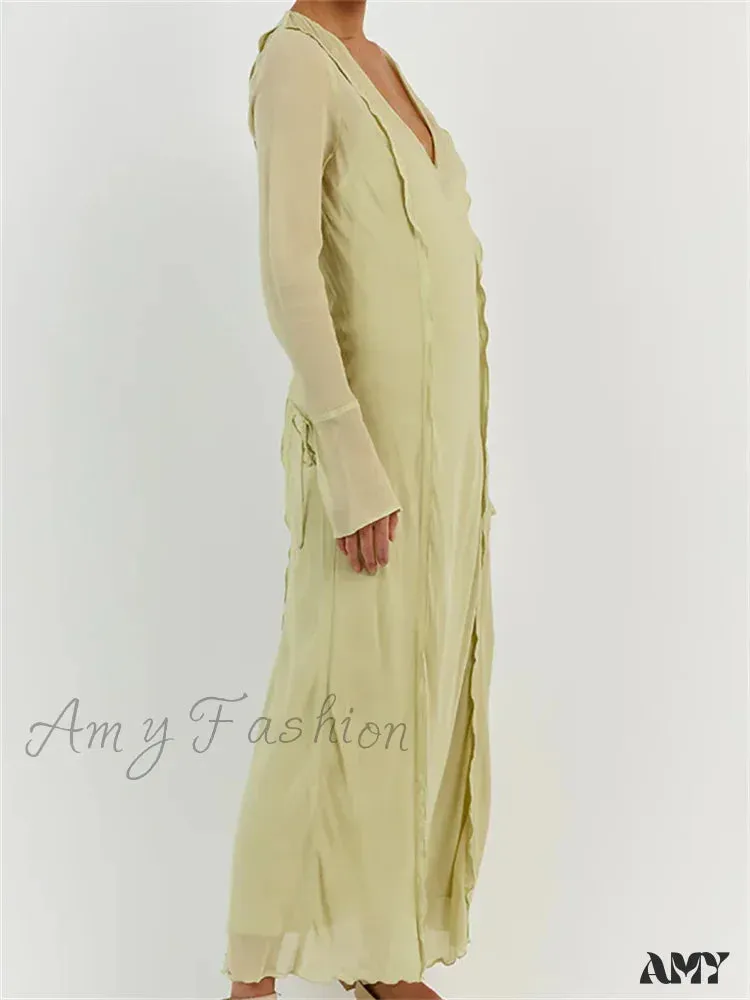 Amy Fashion - Women  Sleeve Loose Casual V Neck Mesh See Through Party Beach Cocktail Club Vestidos Streetwear