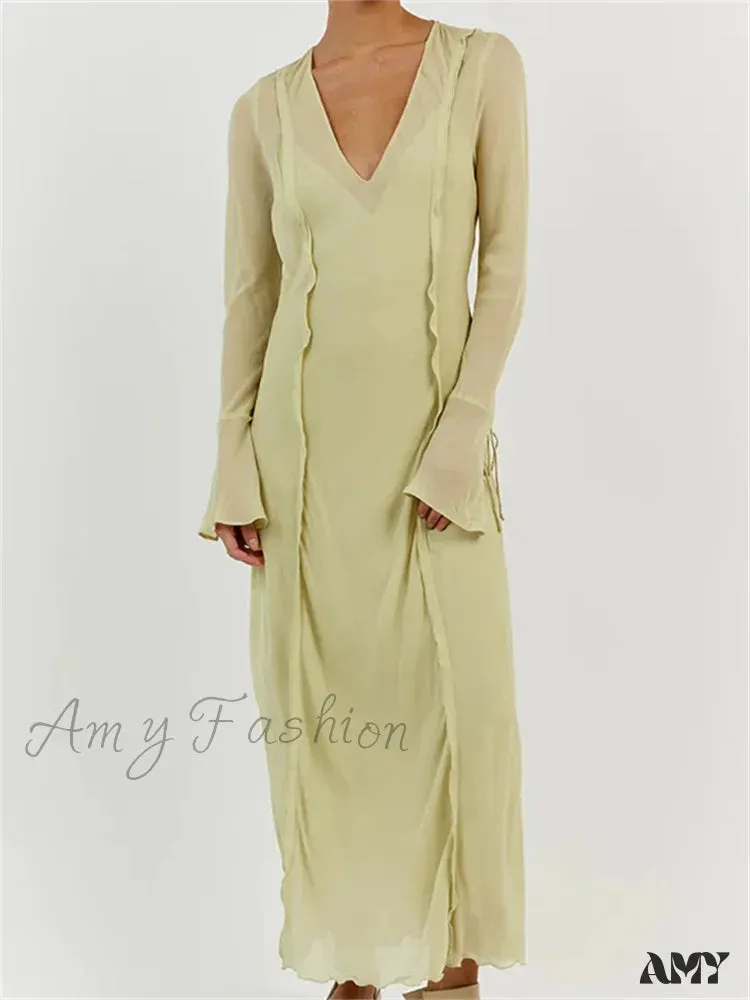 Amy Fashion - Women  Sleeve Loose Casual V Neck Mesh See Through Party Beach Cocktail Club Vestidos Streetwear