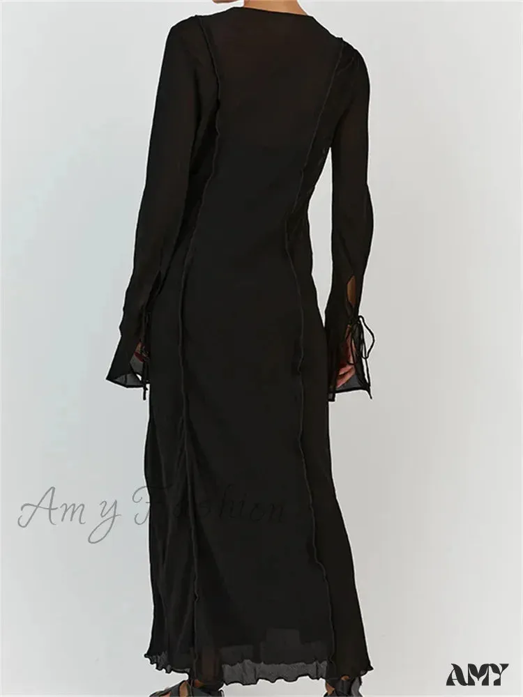 Amy Fashion - Women  Sleeve Loose Casual V Neck Mesh See Through Party Beach Cocktail Club Vestidos Streetwear