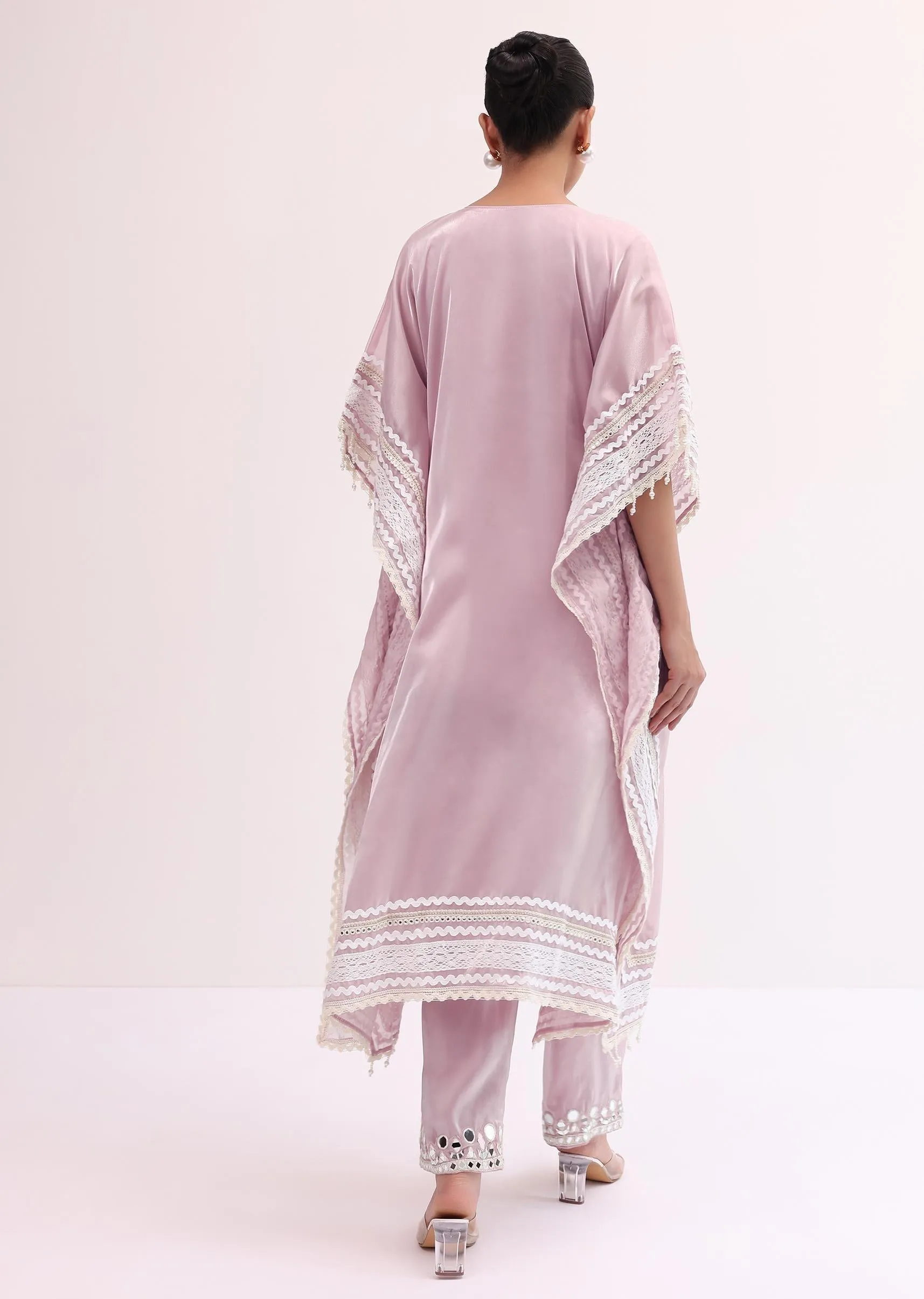 Baby Pink Embroidered Silk Kaftan Kurta Pant