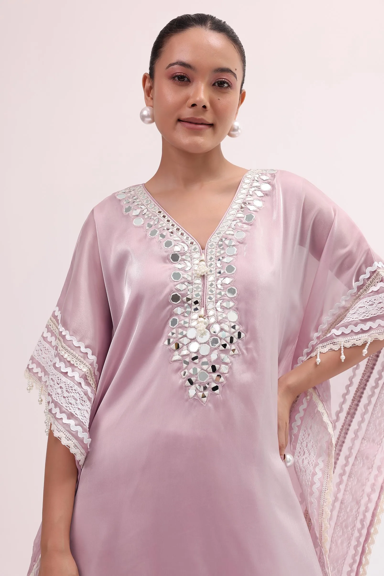 Baby Pink Embroidered Silk Kaftan Kurta Pant