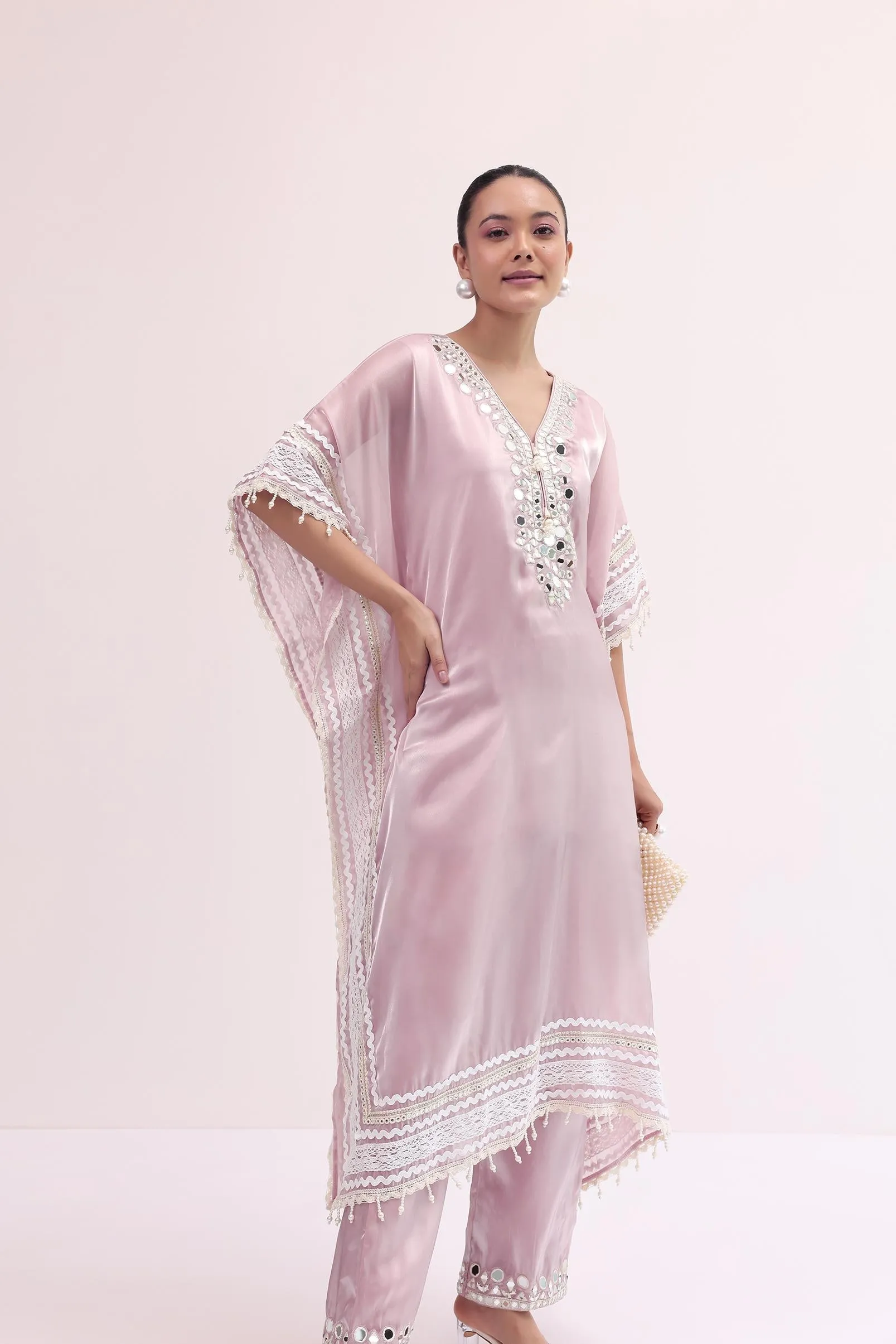 Baby Pink Embroidered Silk Kaftan Kurta Pant