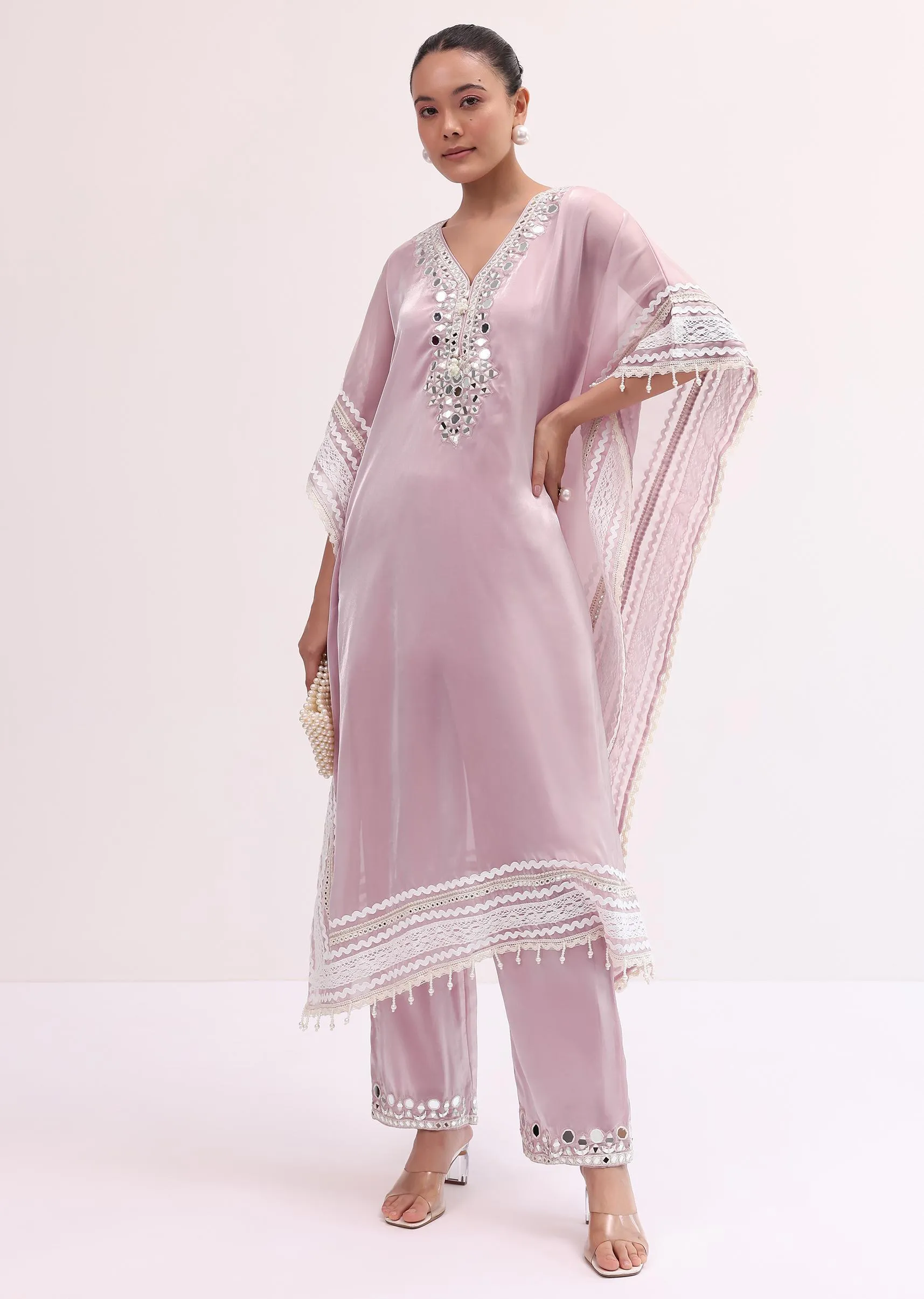 Baby Pink Embroidered Silk Kaftan Kurta Pant
