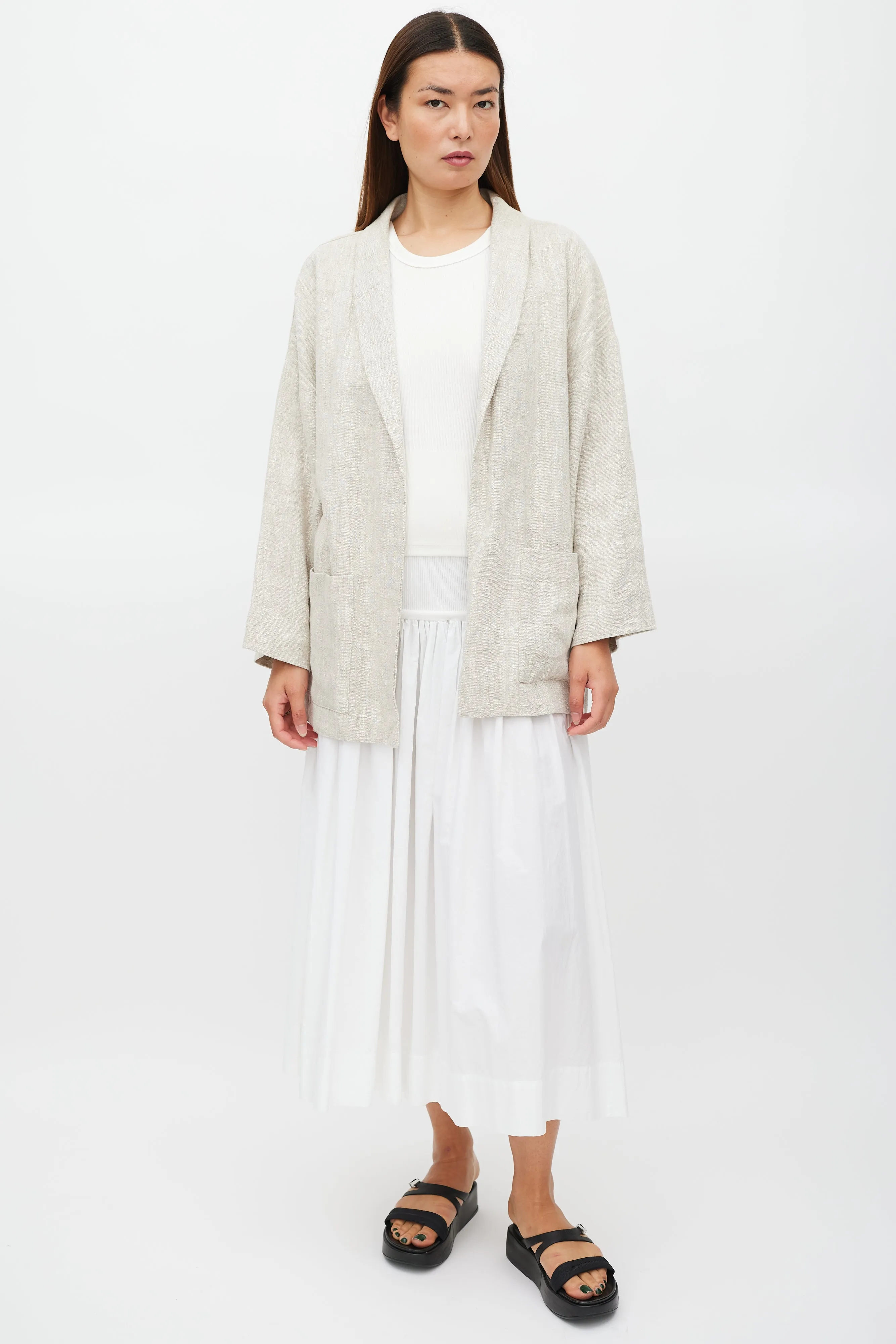 Beige Two Pocket Open Front Jacket