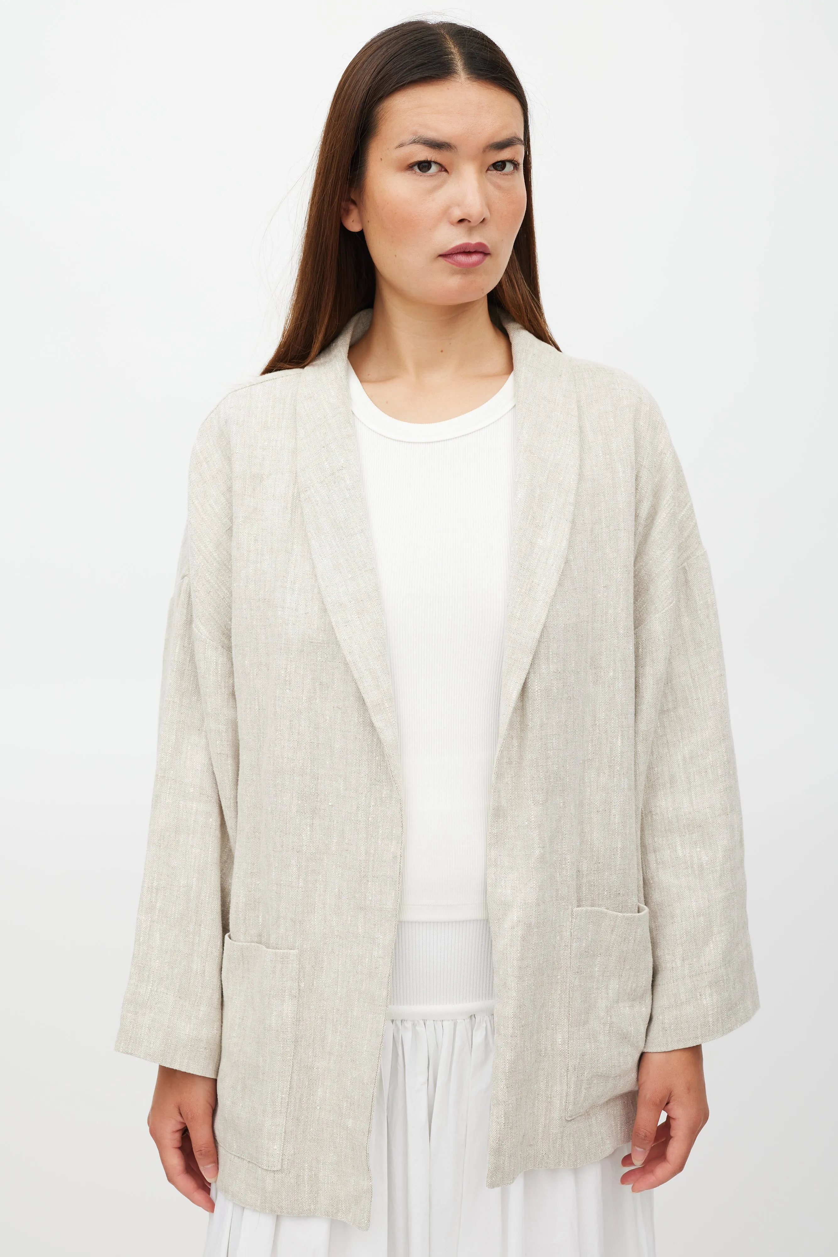 Beige Two Pocket Open Front Jacket
