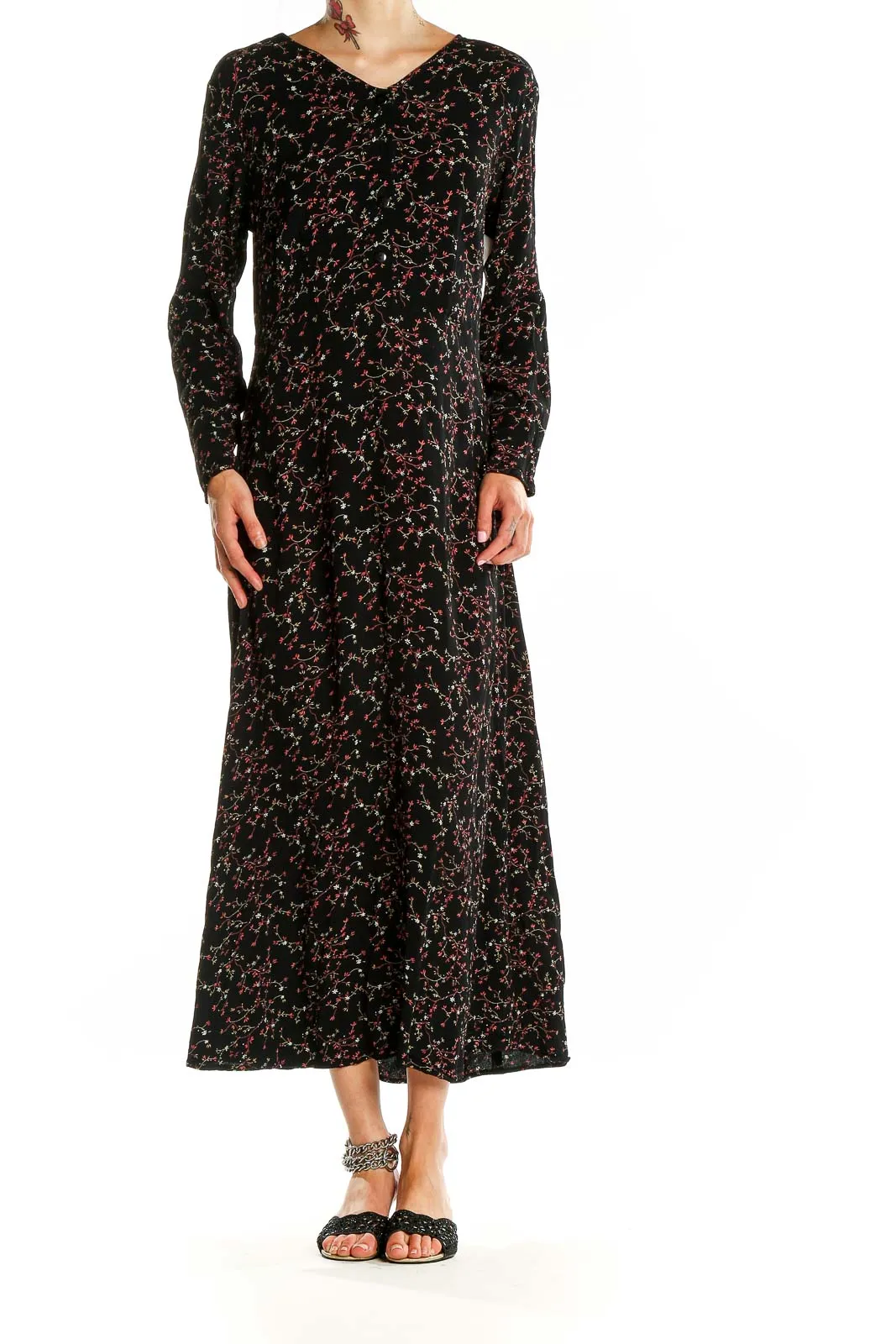Black Floral Print Rayon Maxi Dress