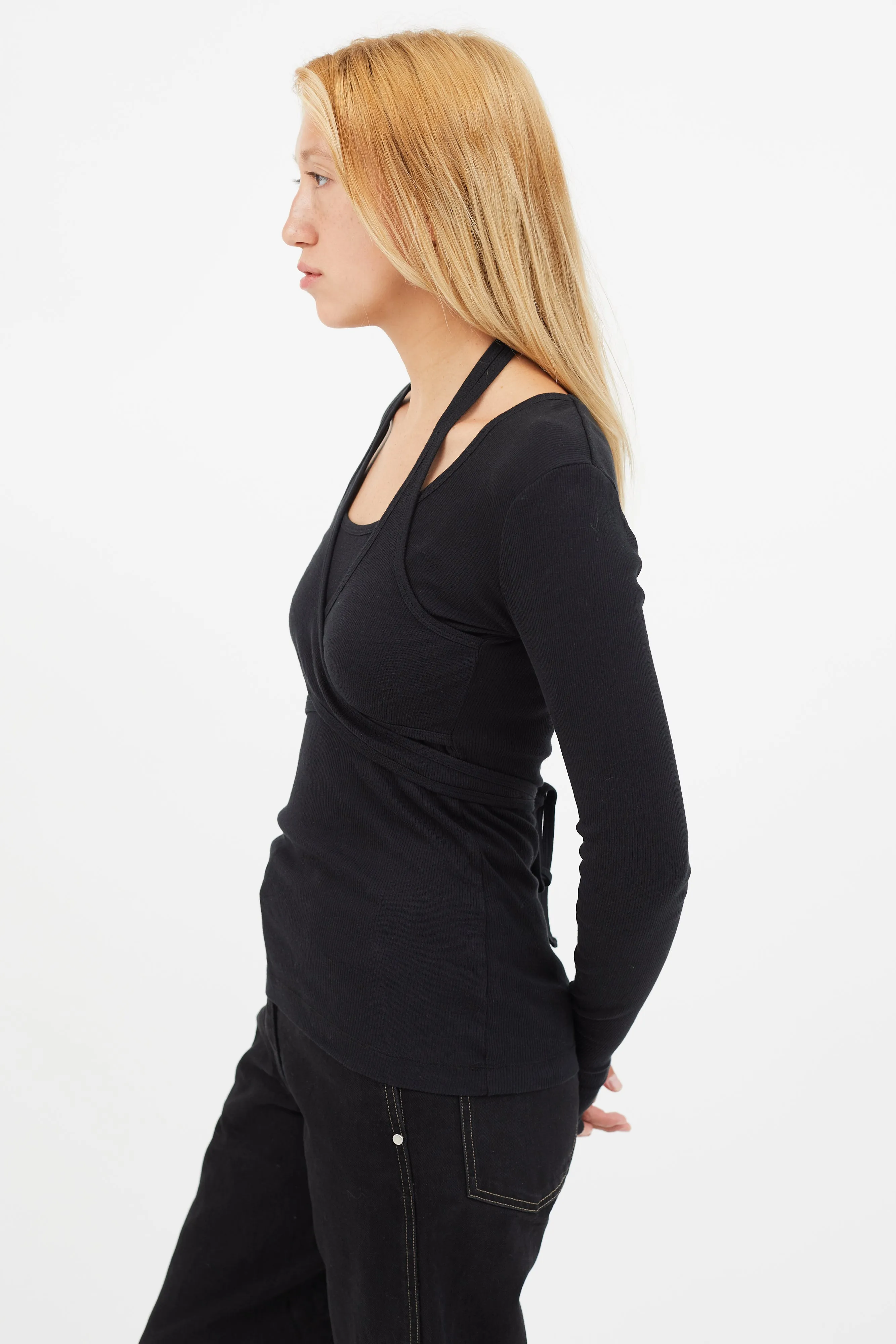 Black Ribbed Tie Wrap Top
