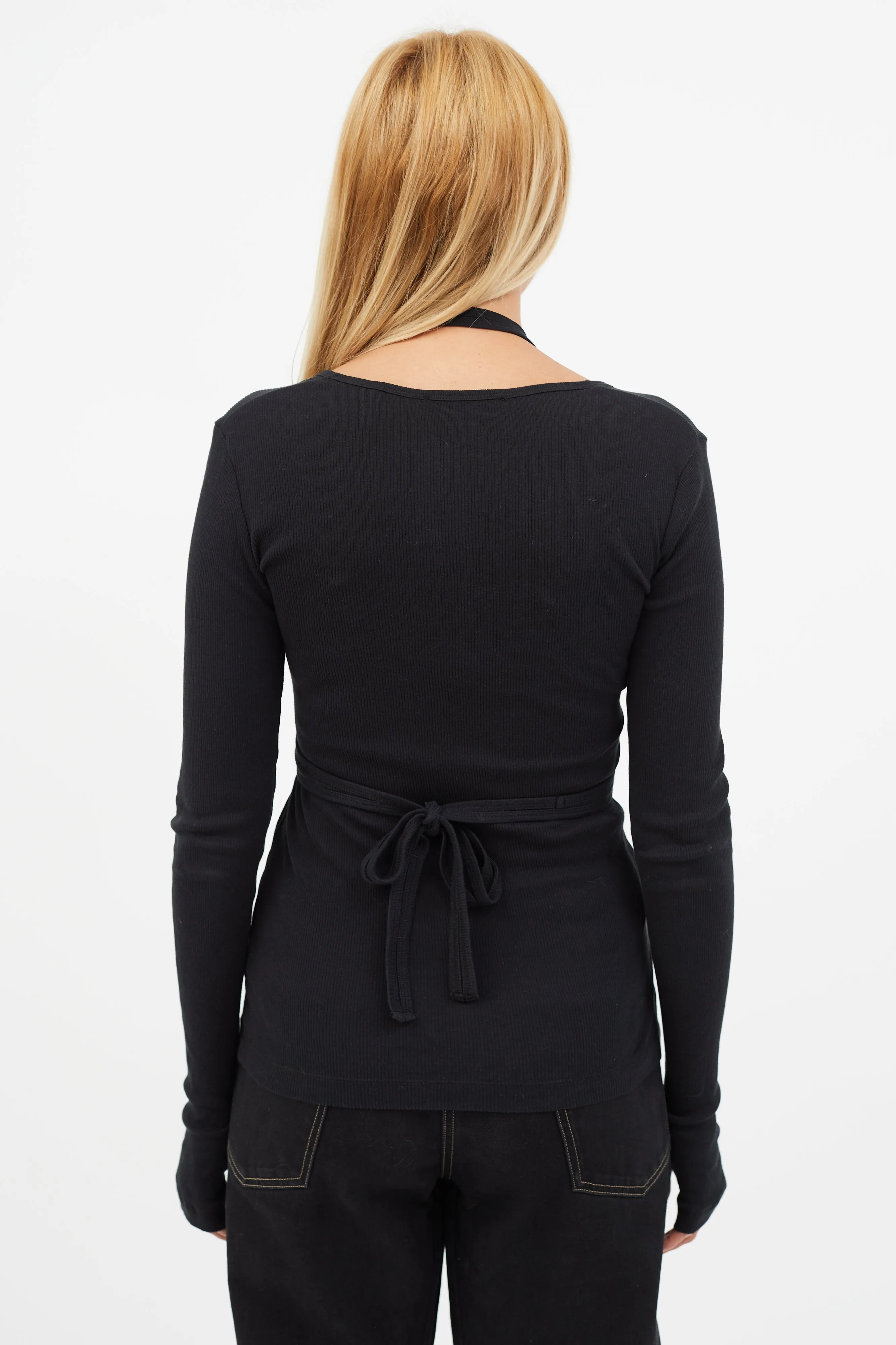 Black Ribbed Tie Wrap Top