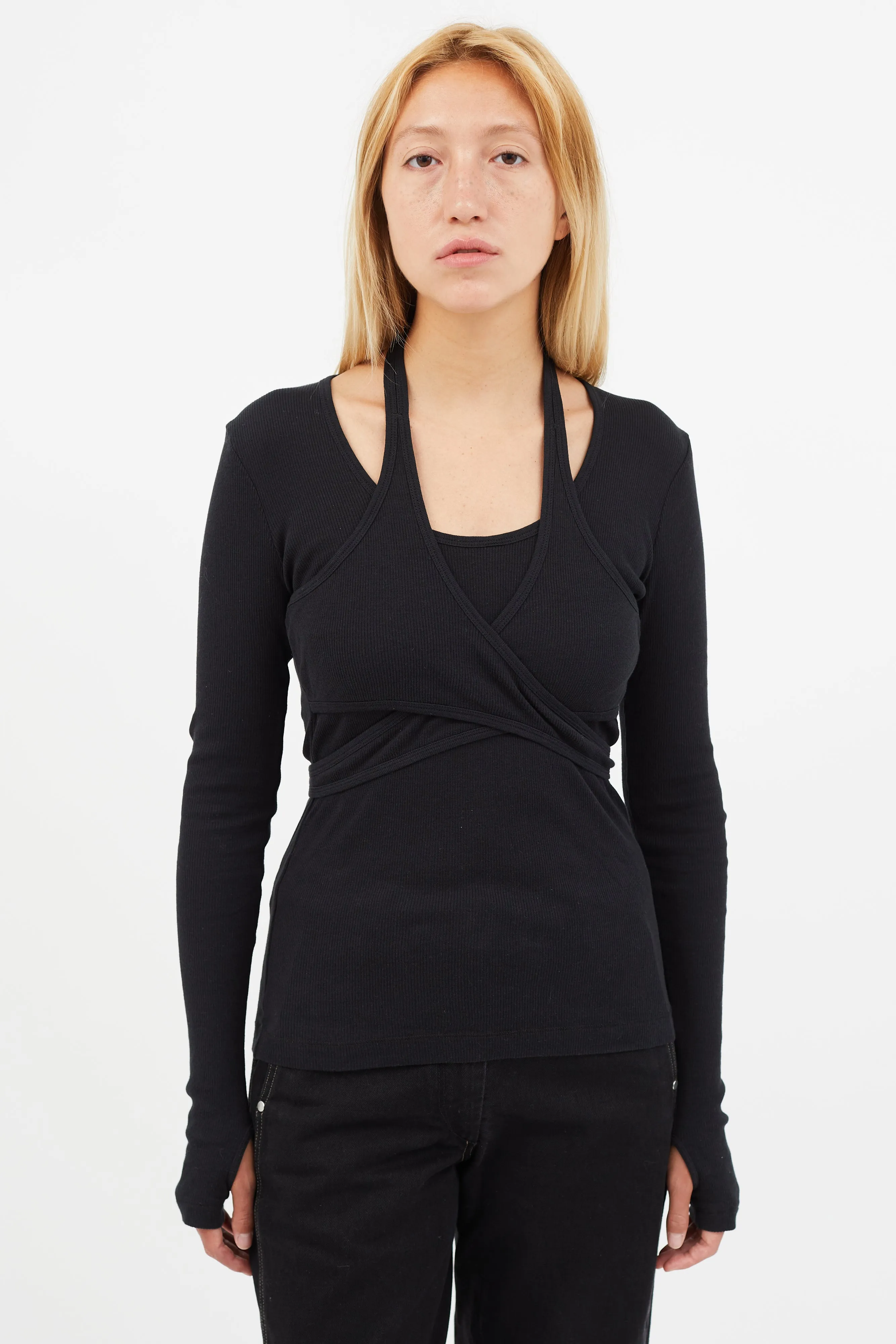 Black Ribbed Tie Wrap Top