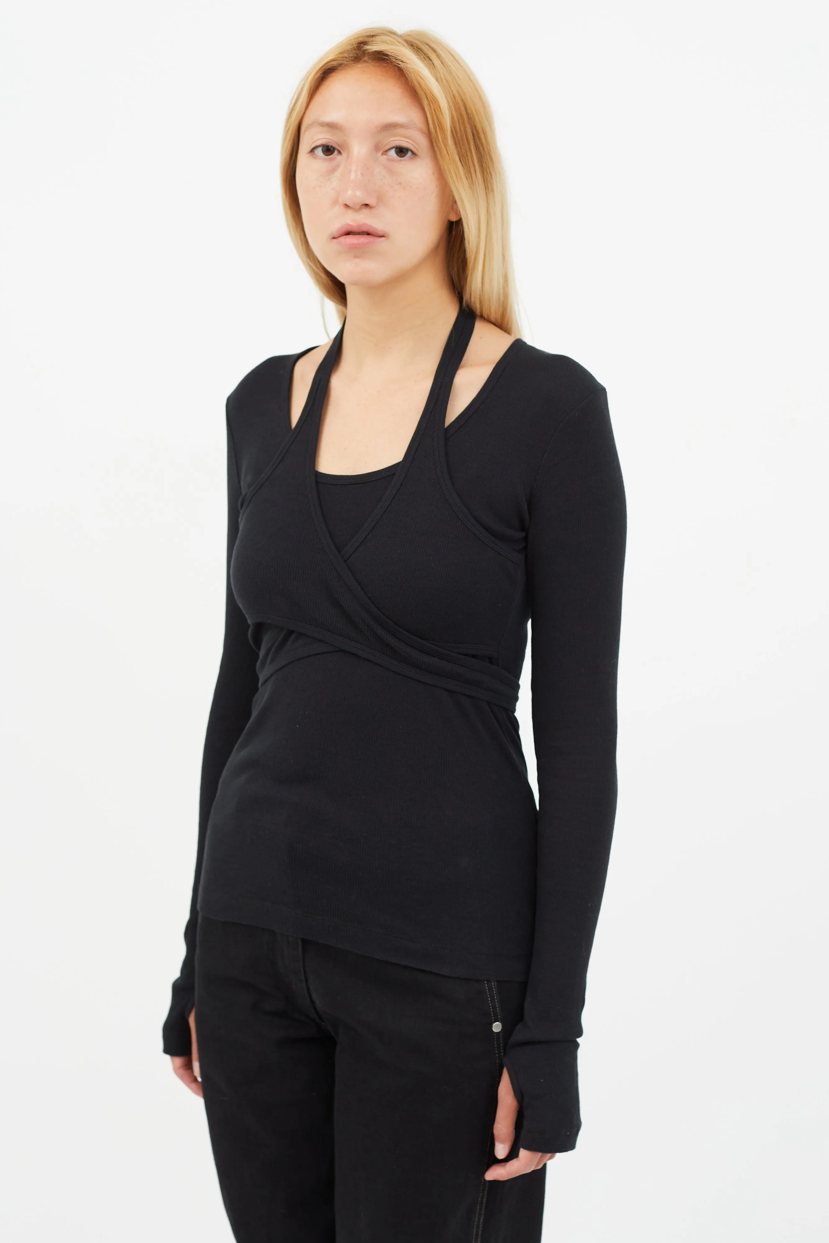 Black Ribbed Tie Wrap Top