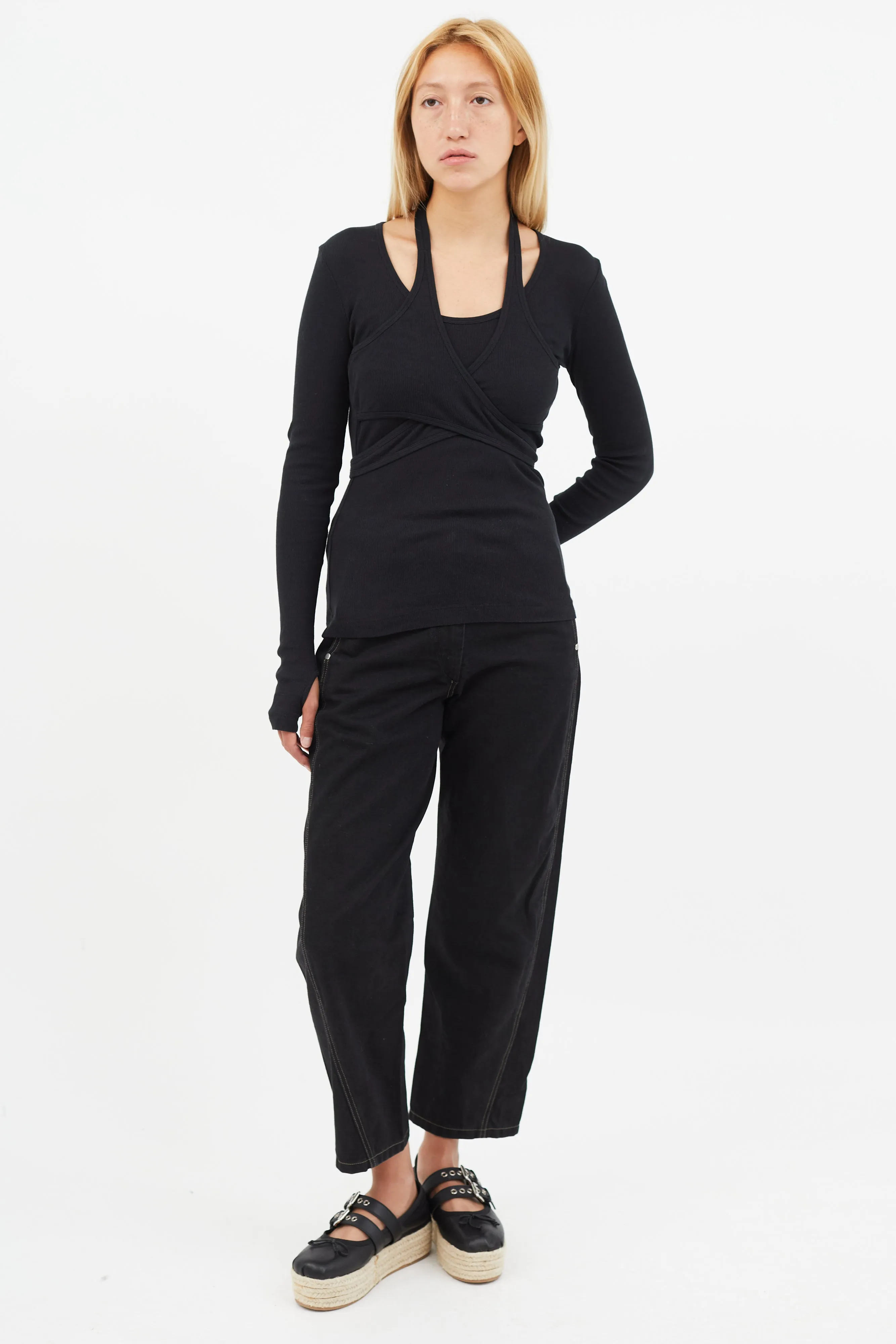 Black Ribbed Tie Wrap Top