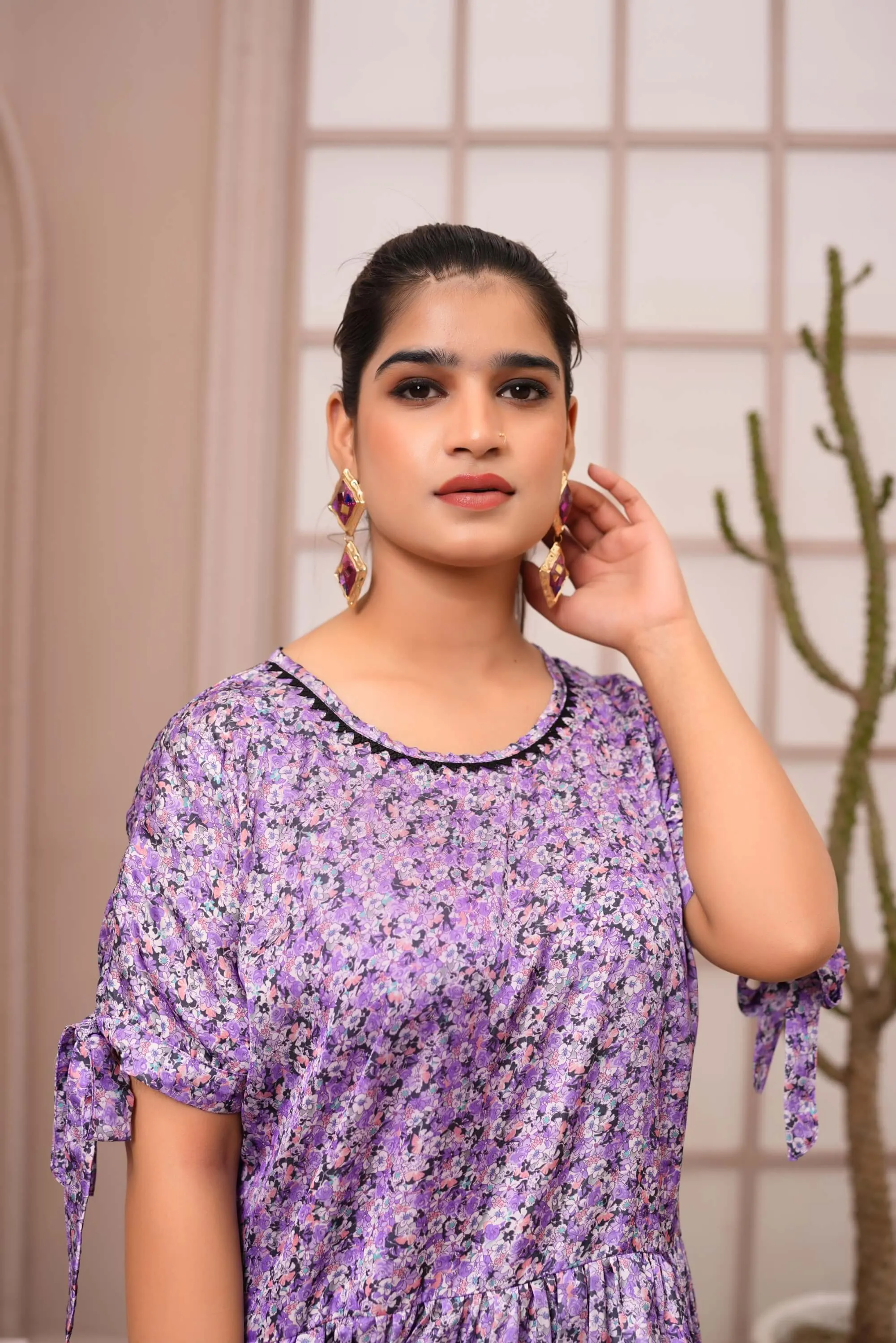 Charming Lilac Floral Peplum Top with Tie-Up Sleeves – Buy Online USA | IshDeena