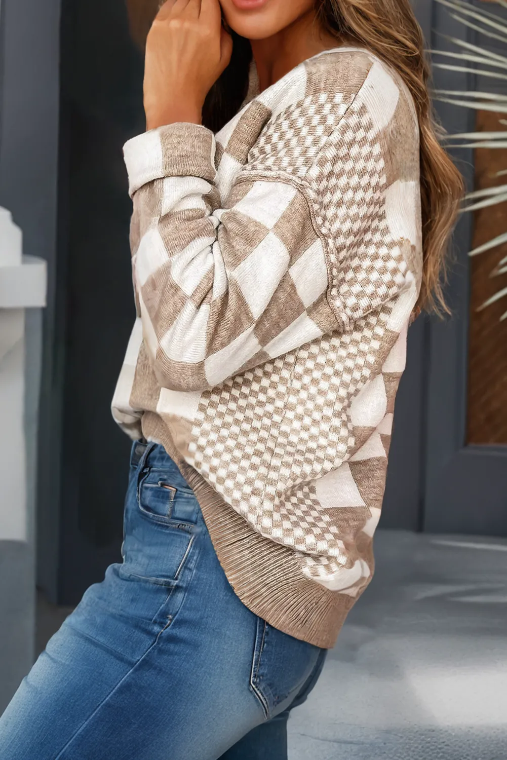 Checkered Drop Shoulder Sweater