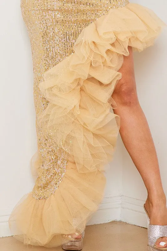 Gold Sequin One Shoulder Asymmetrical Maxi Dress