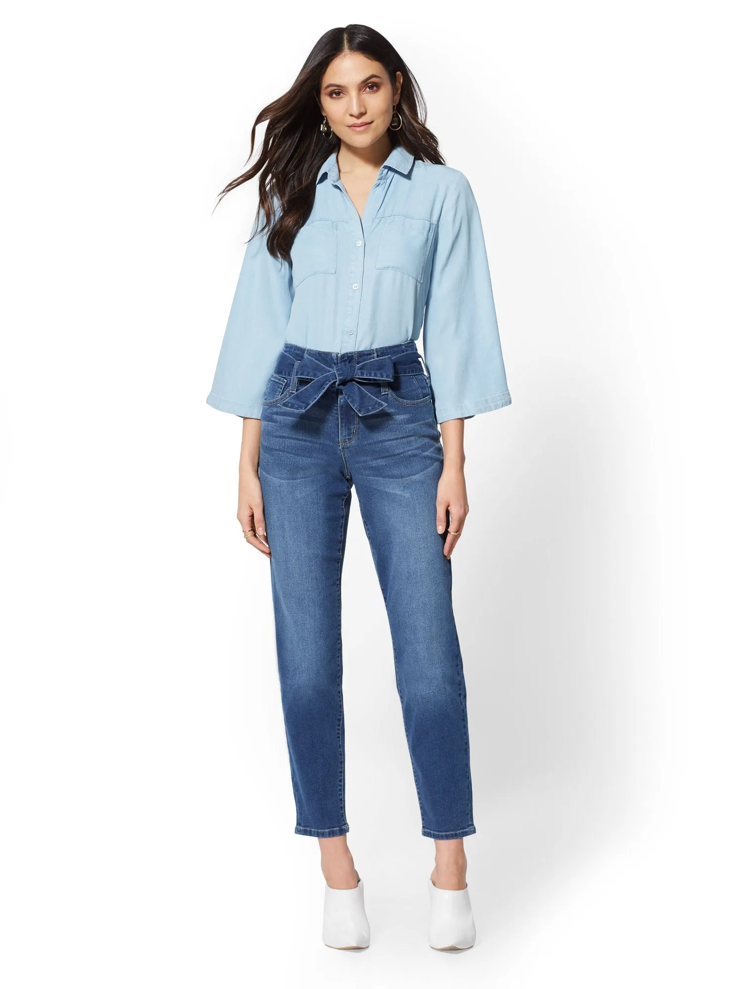 Mid-Rise Paperbag-Waist Slim Leg Jeans - Indigo