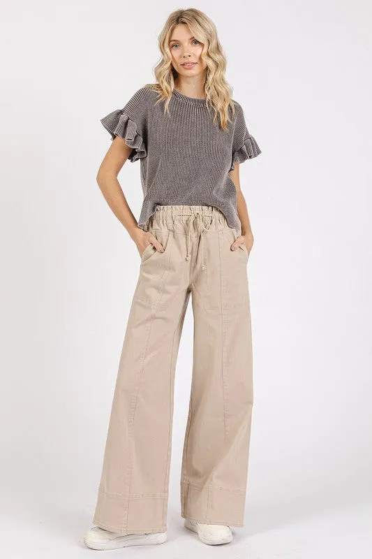 Mineral Wash Elastic Waist Wide Leg Pants