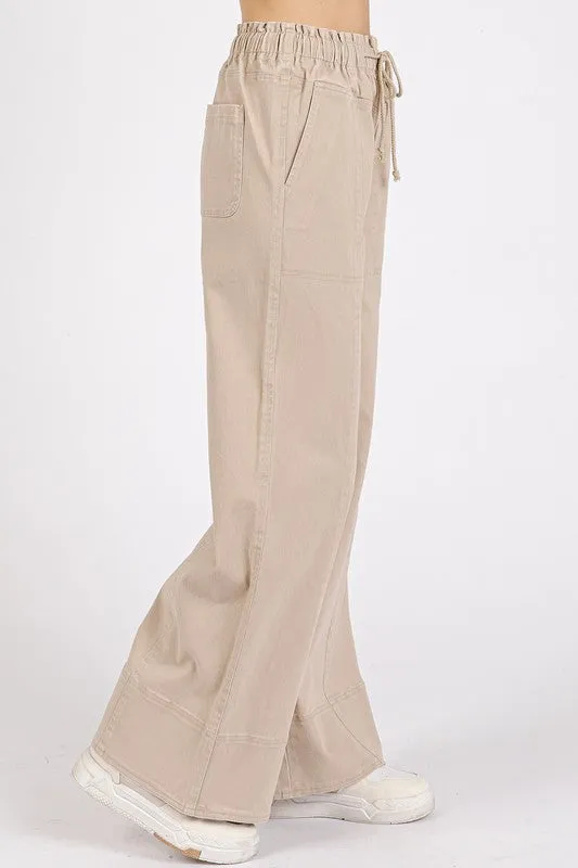 Mineral Wash Elastic Waist Wide Leg Pants