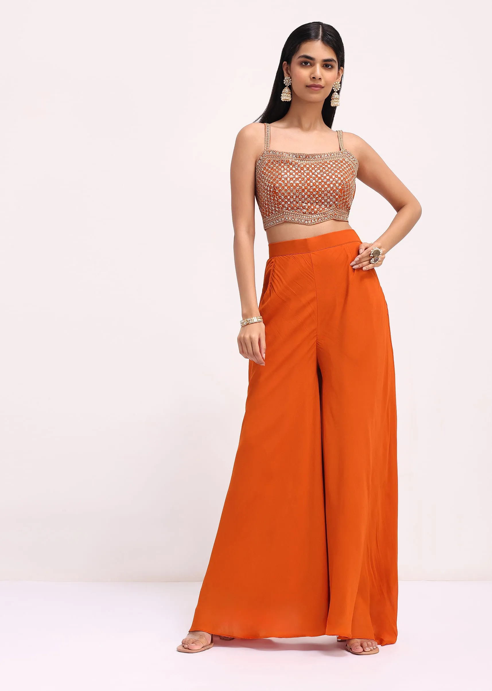 Orange Embroidered Georgette Palazzo Set With Jacket