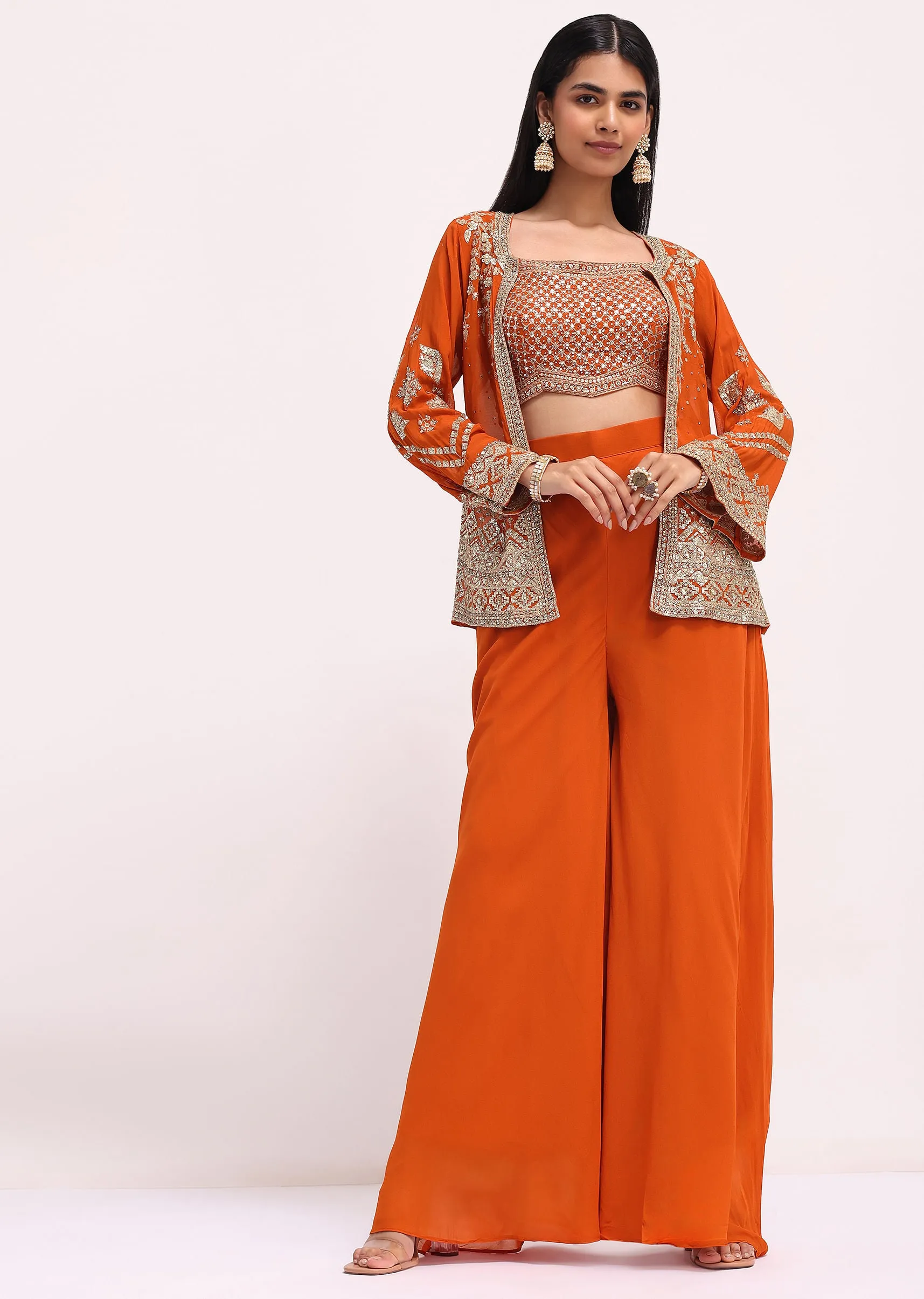 Orange Embroidered Georgette Palazzo Set With Jacket