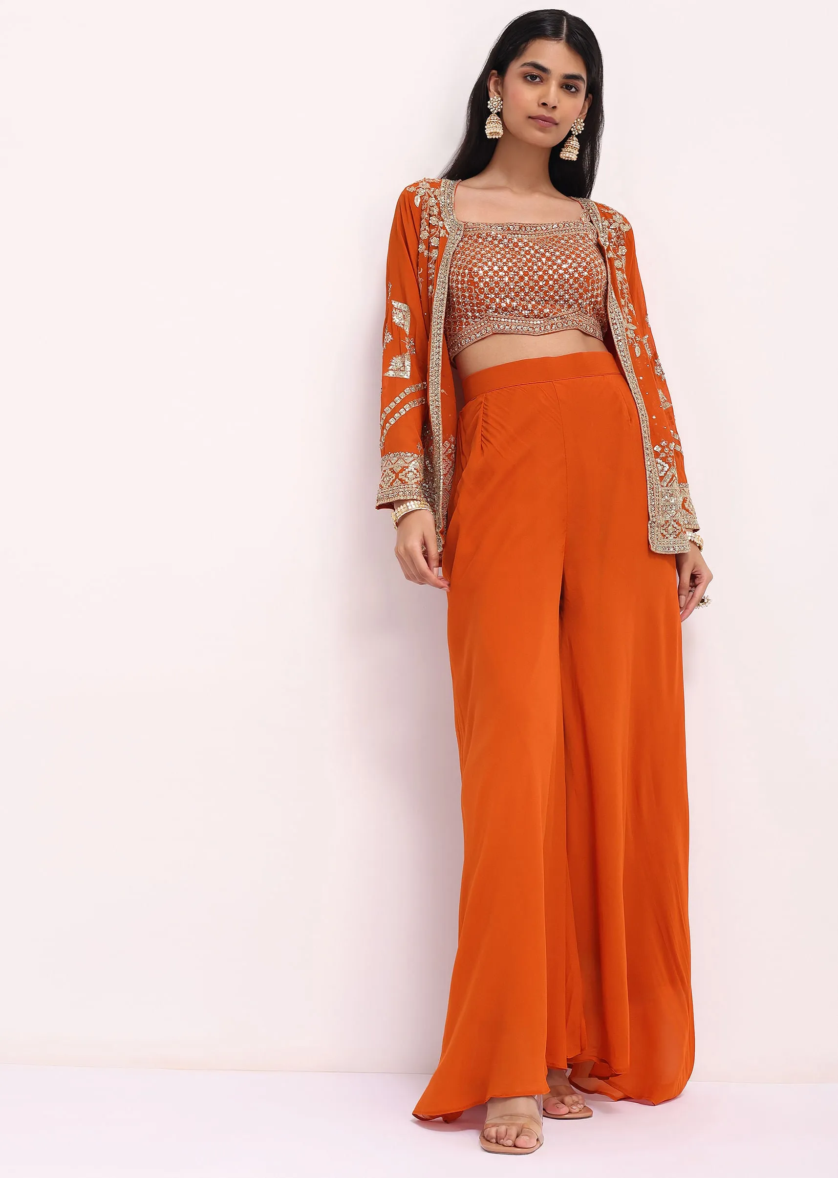 Orange Embroidered Georgette Palazzo Set With Jacket