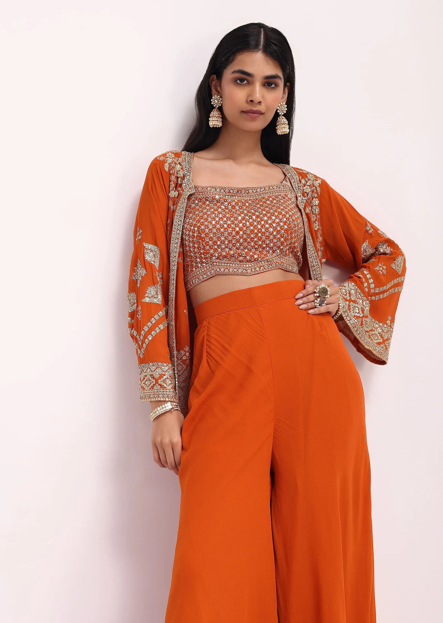 Orange Embroidered Georgette Palazzo Set With Jacket
