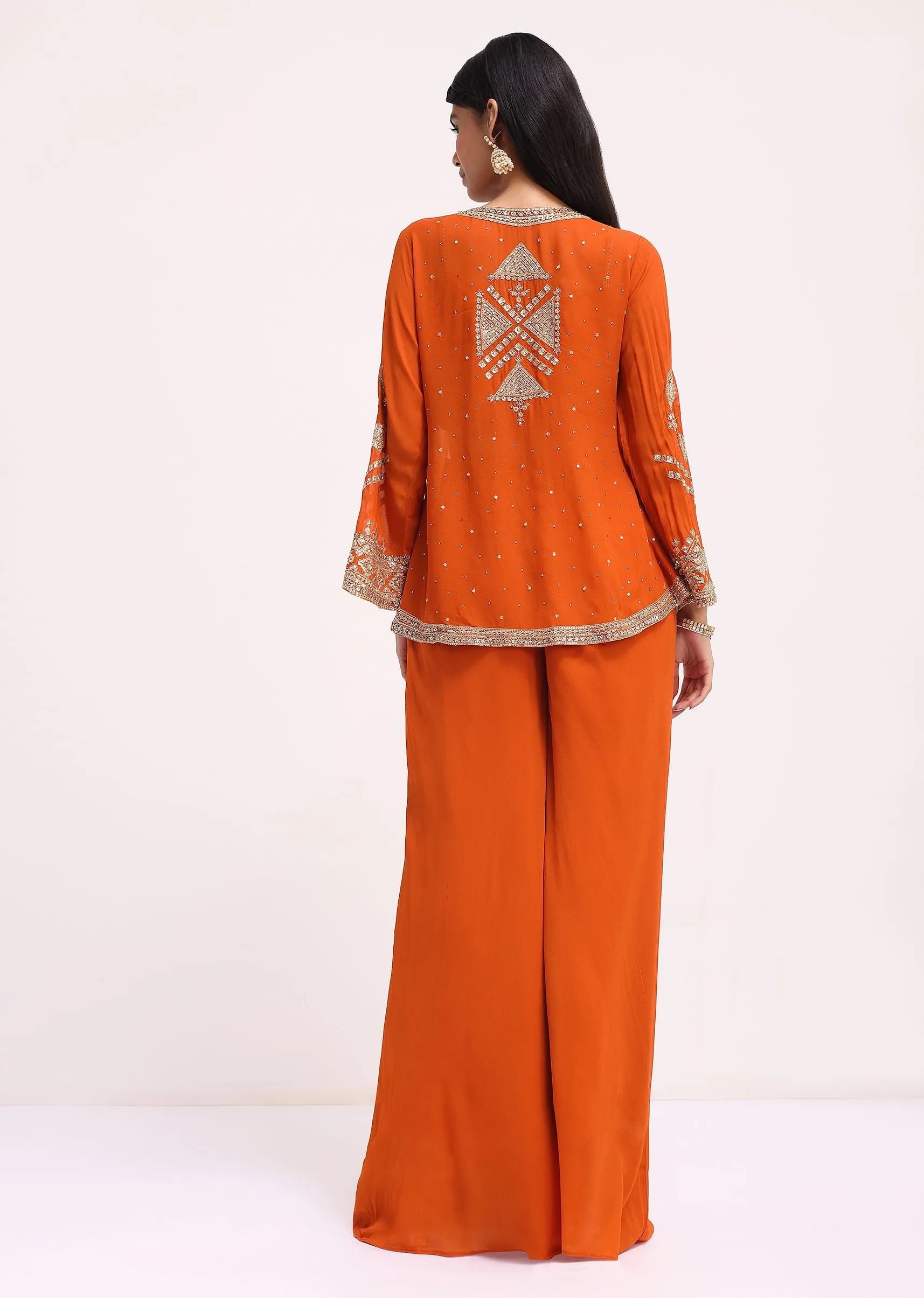 Orange Embroidered Georgette Palazzo Set With Jacket