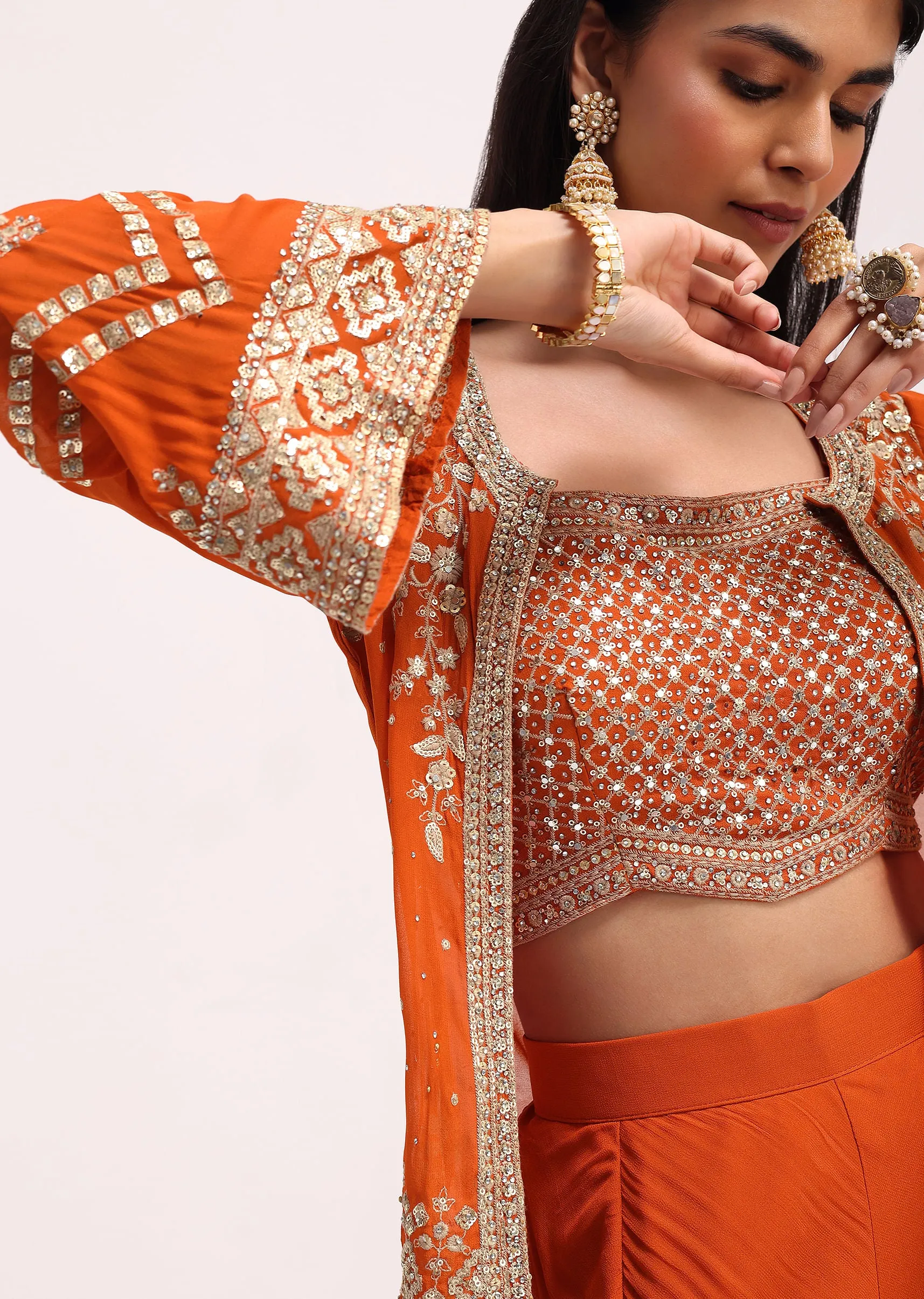 Orange Embroidered Georgette Palazzo Set With Jacket