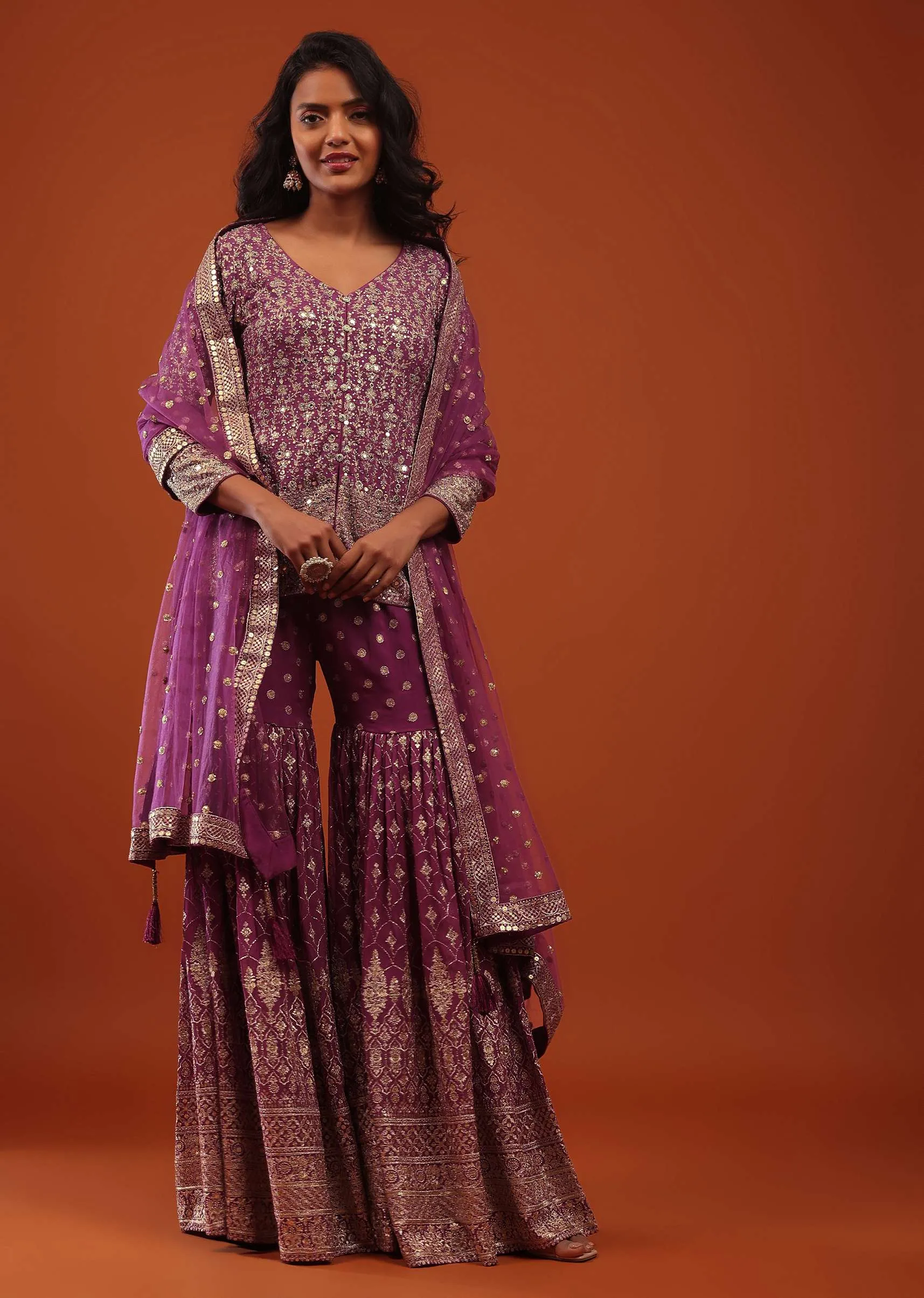 Orchid Purple Embroidered Sharara Suit In Georgette