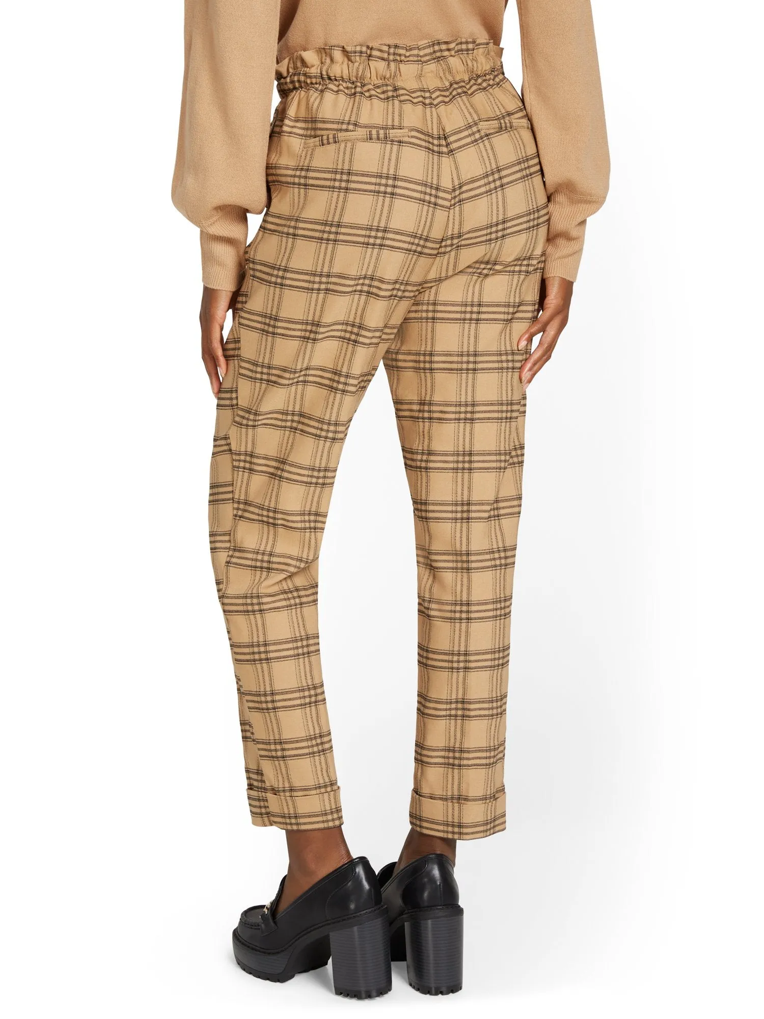 Plaid Paperbag-Waist Straight-Leg Ankle Pant