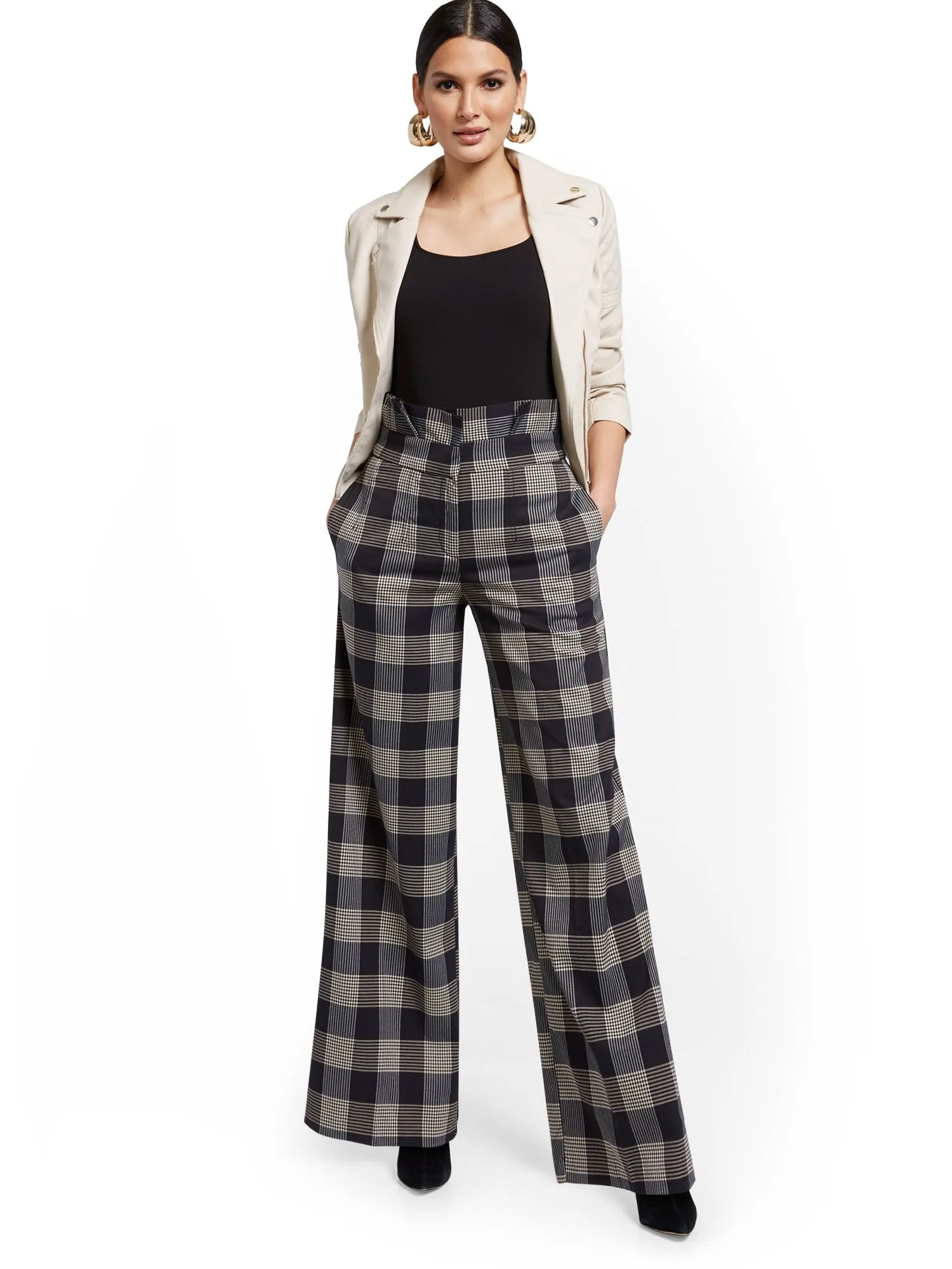 Plaid Paperbag-Waist Wide-Leg Pant