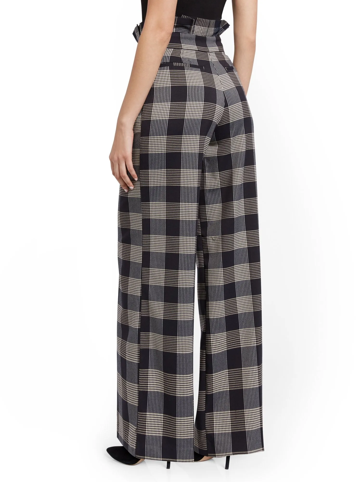 Plaid Paperbag-Waist Wide-Leg Pant