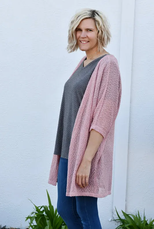 Popcorn Knit Open Front Cardigan in Rose