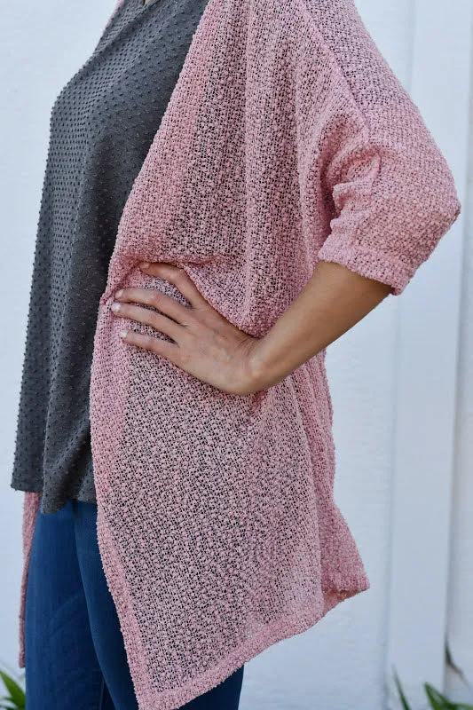 Popcorn Knit Open Front Cardigan in Rose