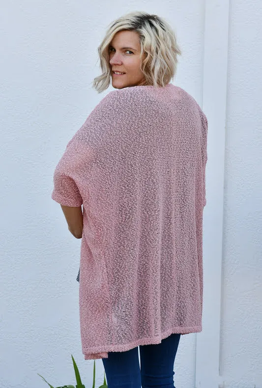 Popcorn Knit Open Front Cardigan in Rose