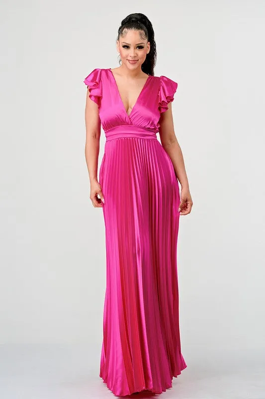 Ruffle Sleeve Pleated Satin Maxi Dress