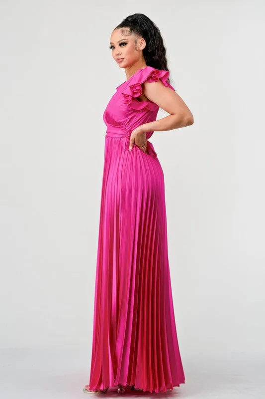 Ruffle Sleeve Pleated Satin Maxi Dress