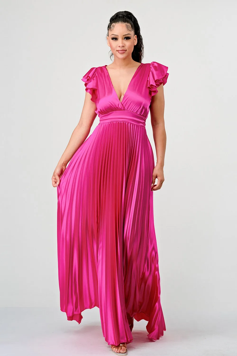 Ruffle Sleeve Pleated Satin Maxi Dress