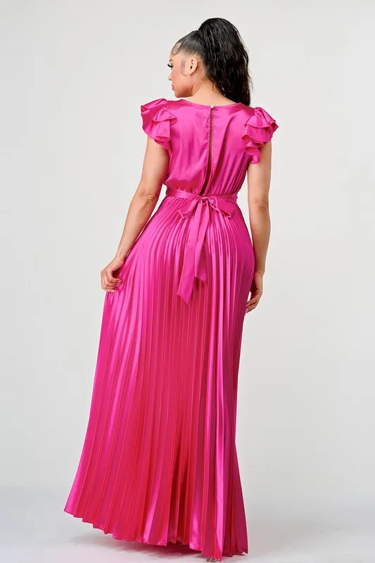 Ruffle Sleeve Pleated Satin Maxi Dress
