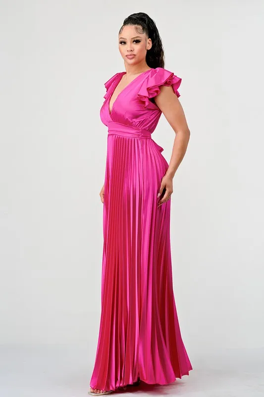 Ruffle Sleeve Pleated Satin Maxi Dress